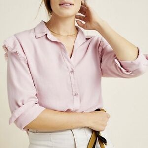 {Anthropologie} Cloth & Stone Pink Frayed Ruffle Shoulder Button Down Shirt~ S